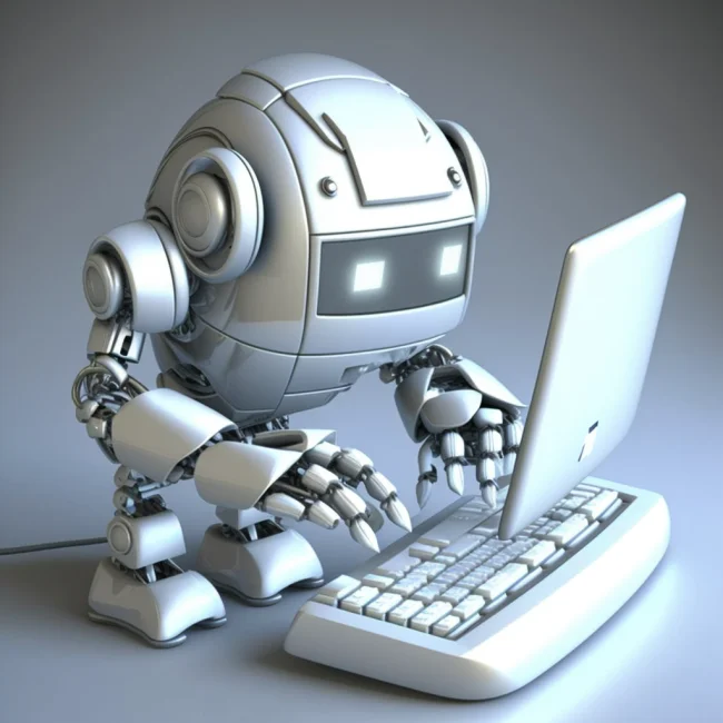 VanL_a_futuristic_friendly_cartoonlike_robot_typing_on_a_comput_fd32c693-8150-496e-9a4a-f3444a7ddd62